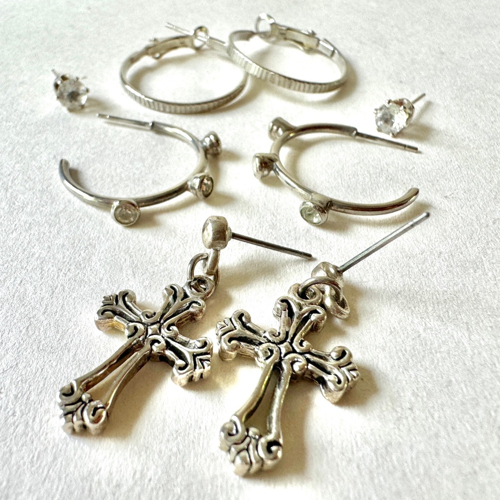 Hoops, Cross, Studs Silver Earrings, 4 pairs